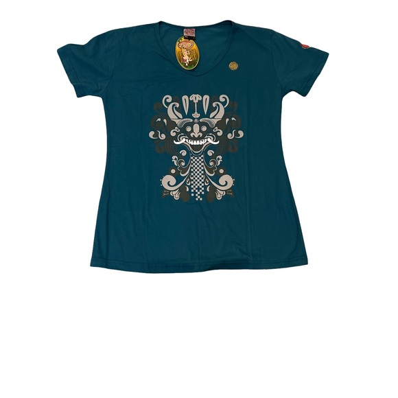 KRISNA Tops - NWT Krisna Bali T-Shirt Women L Teal Barong Demon Mask Graphic Indonesia